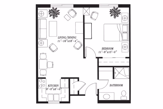 Architectural floor plan of a one-bedroom apartment at Harbor Place at Port St. Lucie, showing a living/dining area, kitchen, bedroom, and bathroom with furniture layout and dimensions.