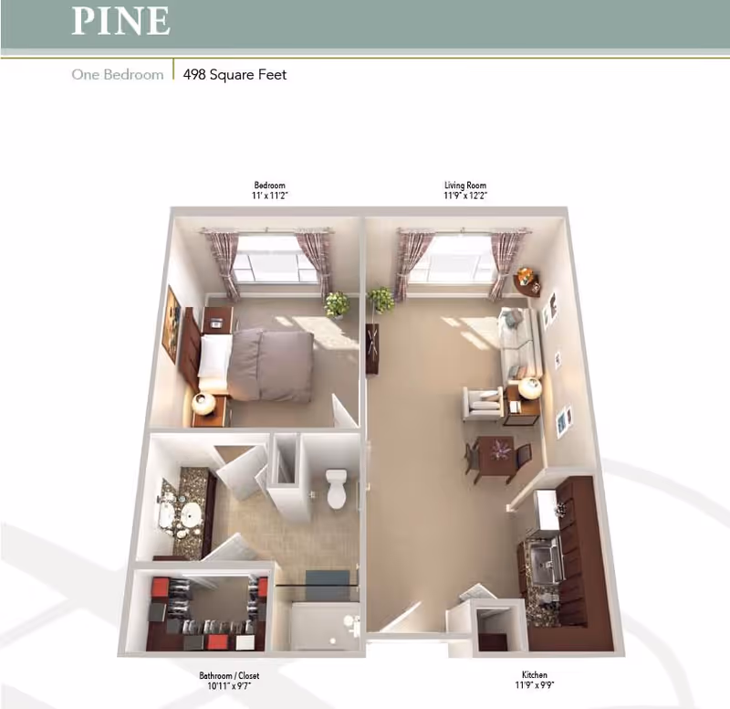 3D floor plan of a one-bedroom apartment named Pine with 498 square feet. The layout includes a bedroom with a bed and nightstand, a living room with a sofa, chair, small dining table, and TV stand, a kitchen with cabinets and appliances, and a bathroom with a sink, toilet, and shower. There is also a closet space adjacent to the bathroom.