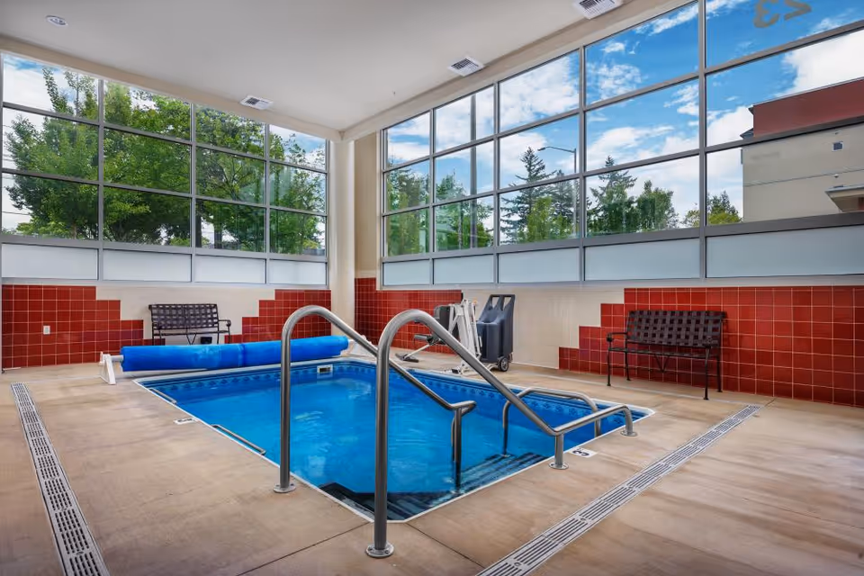 Indoor therapy/swimming pool with stainless handrails, benches and large grid windows showing trees outside.