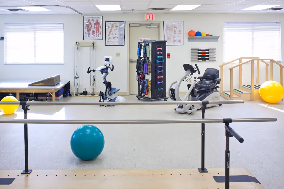 A bright physical therapy room with exercise equipment including parallel bars, a recumbent exercise bike, therapy balls, resistance bands, and a small wooden staircase for rehabilitation exercises. Anatomical charts are displayed on the wall, and two large windows let in natural light.