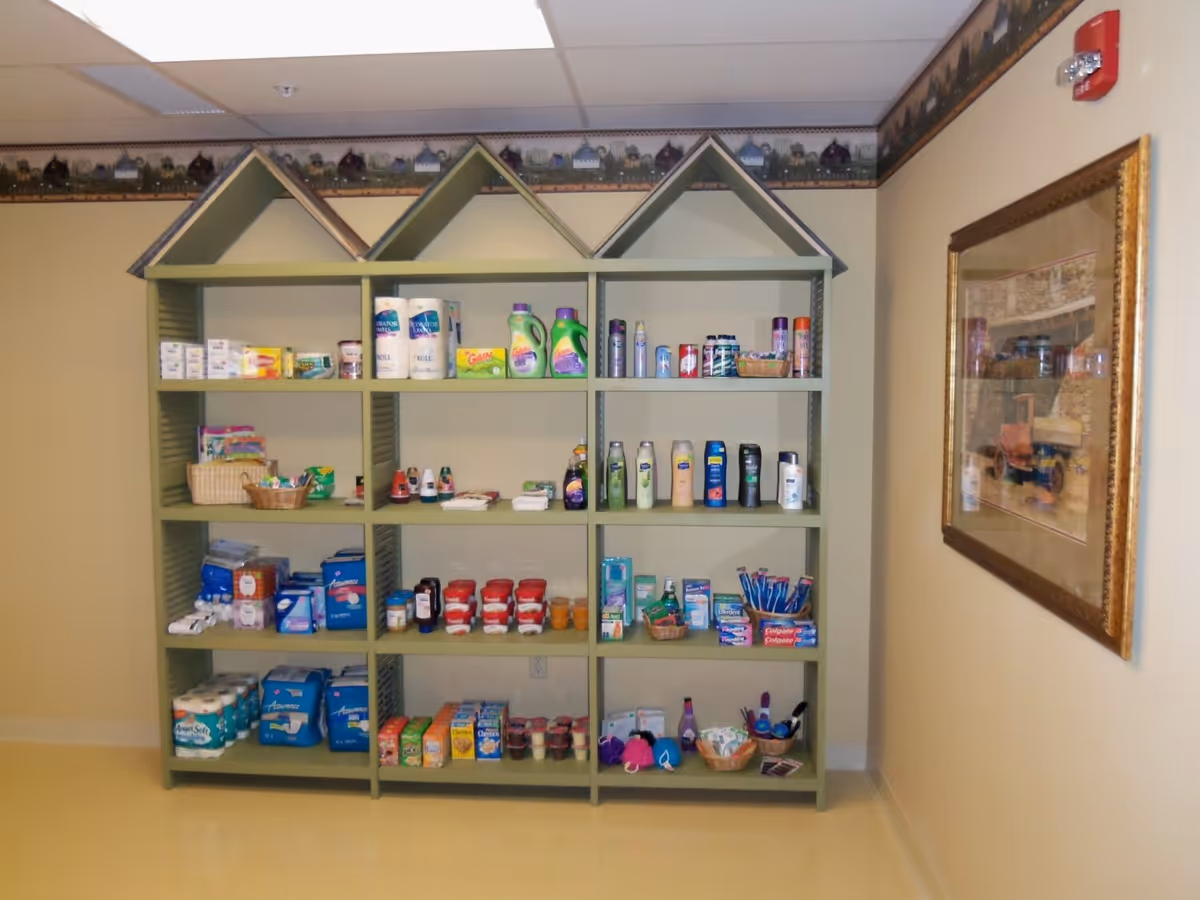 Green shelving unit in a hallway stocked with toiletries, cleaning supplies and personal care items next to a framed picture.