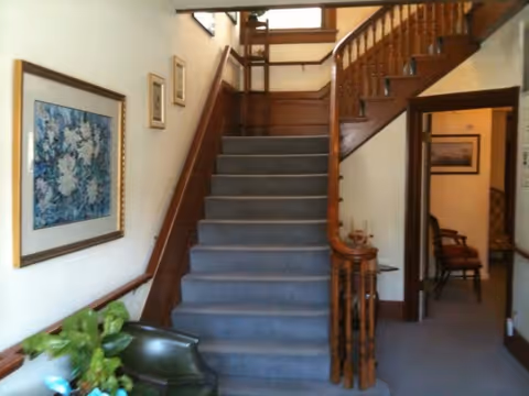 Interior view of a hallway with a carpeted staircase leading up. Wooden banisters and railings frame the stairs. On the left wall, there are framed pictures and a green plant near a green chair. To the right, there is an open doorway leading to another room with chairs and framed pictures on the walls.