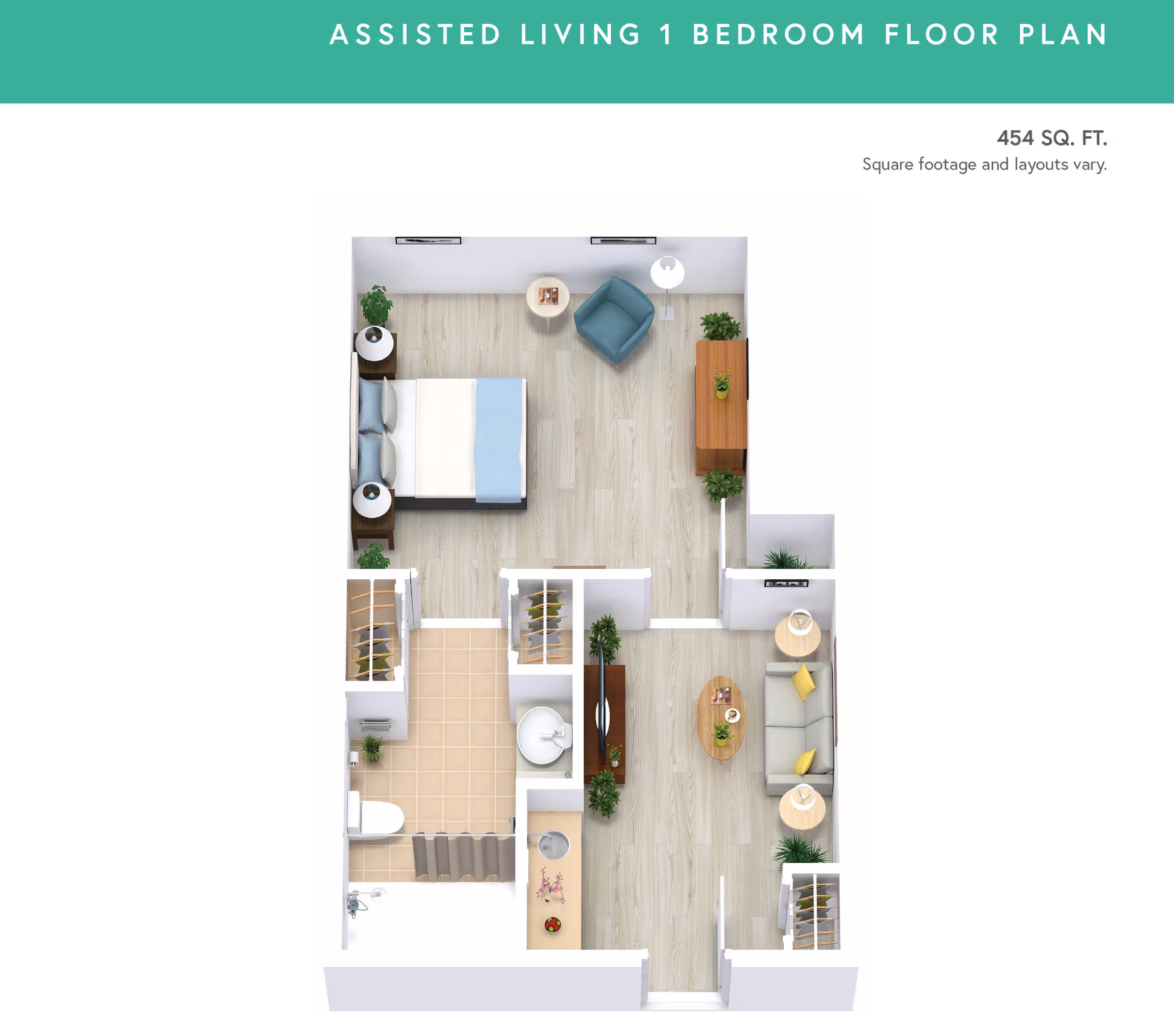 Top-down 3D rendered one-bedroom assisted living floor plan showing a bedroom, living room, kitchenette, and bathroom.