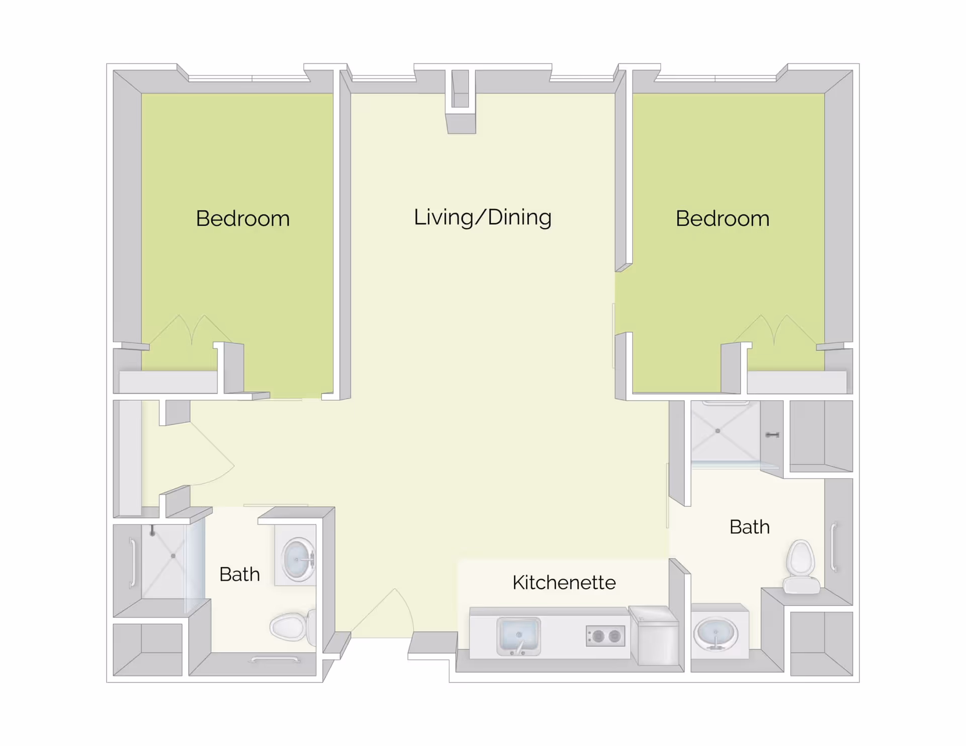 Floor plan of a residential unit at The Residence at Quarry Hill showing two bedrooms, two bathrooms, a kitchenette, and a combined living and dining area.