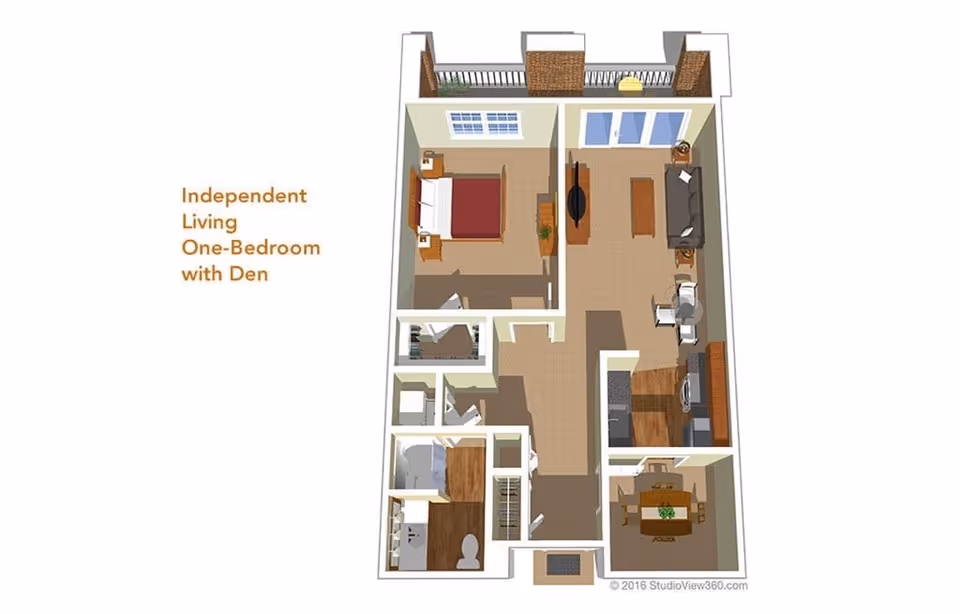 3D floor plan of an independent living one-bedroom apartment with a den, showing a bedroom, bathroom, kitchen, dining area, living room, and a small den. The layout includes furniture such as a bed, sofa, dining table, and kitchen appliances. There is a balcony accessible from the living room.