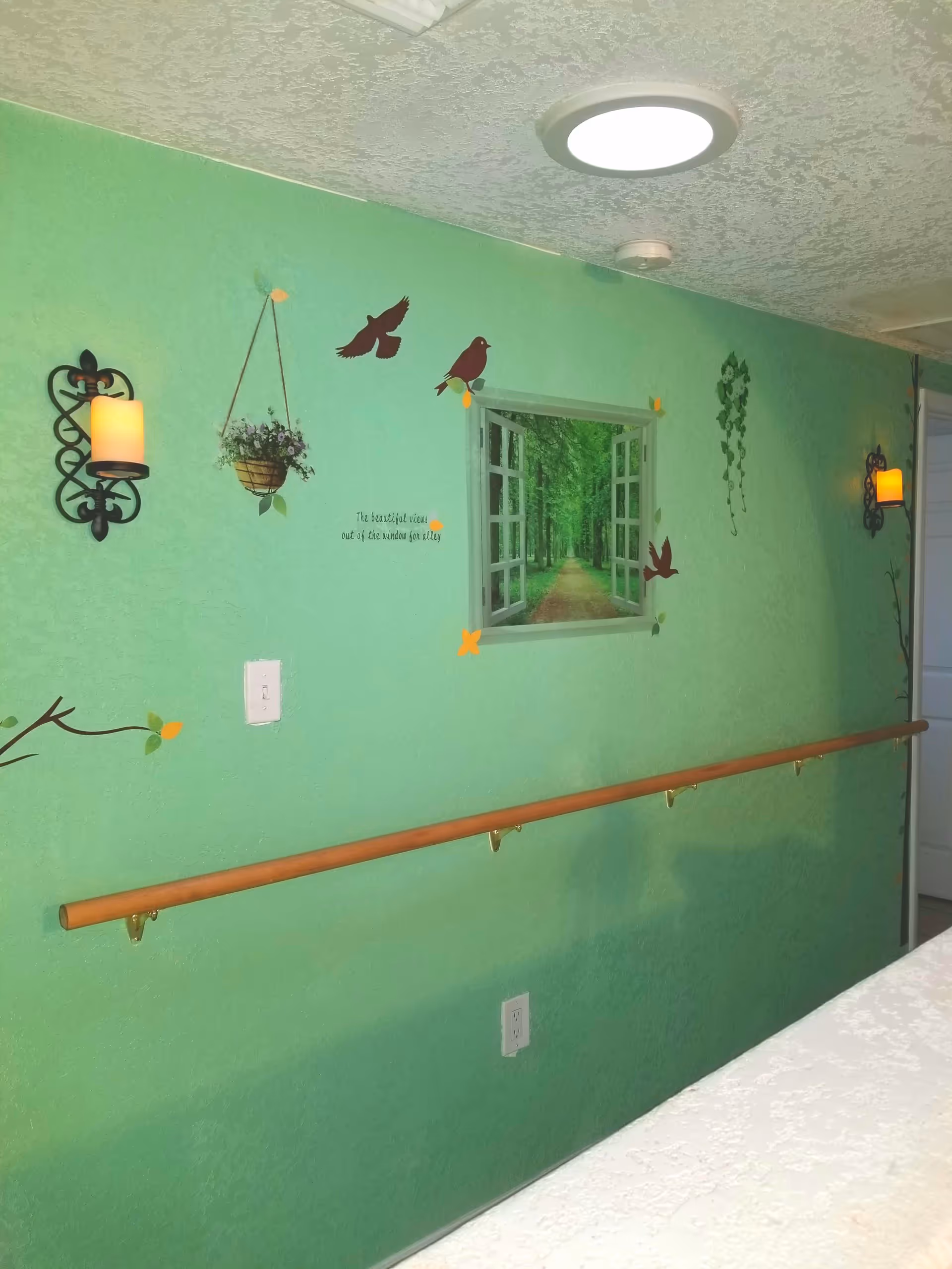 Interior hallway with a green textured wall decorated with bird and plant decals, a wall-mounted candle holder with a lit candle on each side, a wooden handrail along the wall, and a ceiling light fixture. There is a decal of an open window showing a forest path and a quote that reads 'The beautiful views out of the window for alley.'