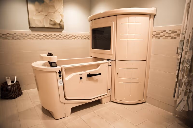 A beige walk-in bathtub with a door and built-in seat in a tiled bathroom. The walls have a decorative tile border and there is a basket with toilet paper rolls in the corner. A floral curtain is partially visible on the right side.