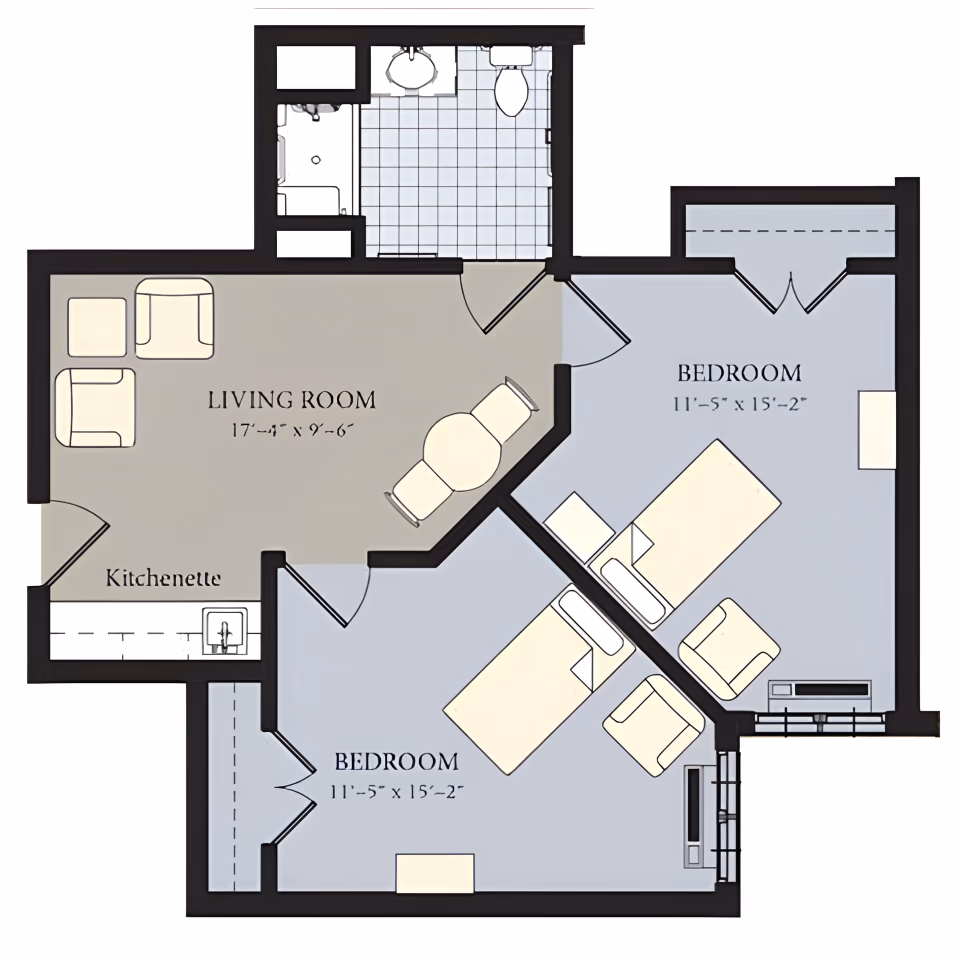 Floor plan of an assisted living unit at All American Assisted Living at Hillsborough showing two bedrooms, a living room with kitchenette, and a bathroom.