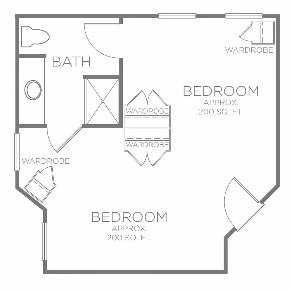 Architectural floor plan showing two bedrooms each approximately 200 square feet, a bathroom with toilet and sink, and multiple wardrobes.