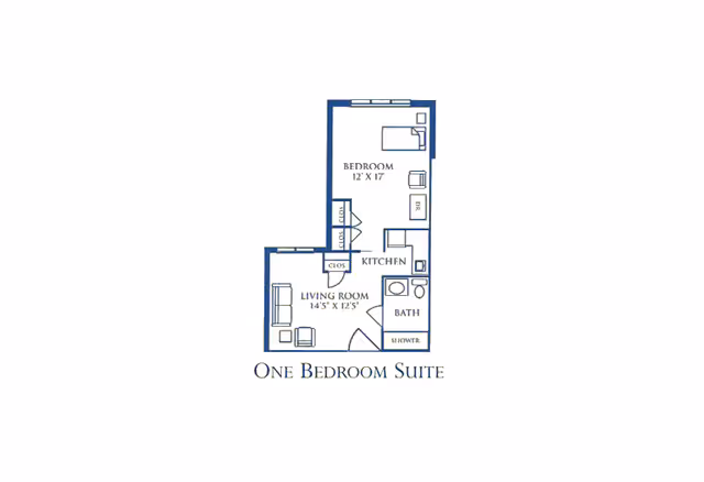 Floor plan layout of a one bedroom suite showing a bedroom, kitchen, living room, and bathroom with shower. The bedroom measures 12 by 17 feet, and the living room measures 14.5 by 12.5 feet.