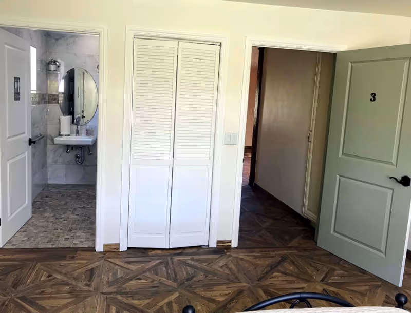 Interior view of a room with patterned wood flooring, a closed louvered closet in the center, an open bathroom with a pedestal sink to the left, and a door marked "3" to the right.