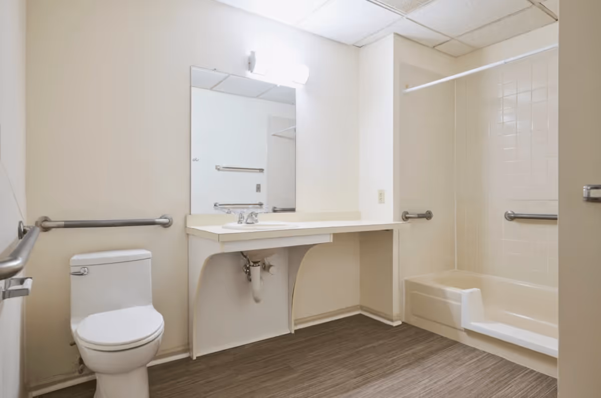 A clean, accessible bathroom featuring a toilet with grab bars on both sides, a large mirror above a sink with an extended countertop, and a bathtub with a built-in seat and grab bars on the tiled wall. The floor has a wood-like finish and the walls are painted light beige.