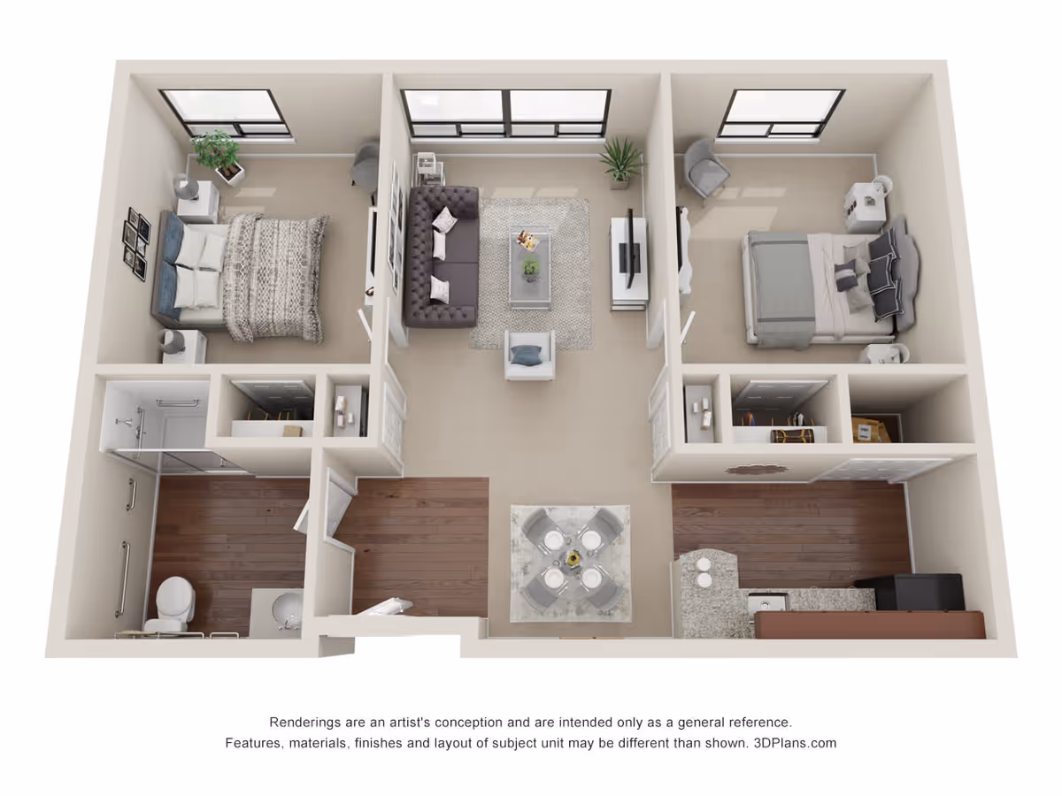 3D floor plan of a two-bedroom apartment with a living room, kitchen, dining area, and bathroom. The left bedroom has a bed, nightstand, and chair, while the right bedroom has a bed, nightstand, and chair. The living room features a sofa, armchair, coffee table, TV, and plants. The kitchen includes a countertop, sink, and appliances. The dining area has a table with four chairs. The bathroom has a shower, toilet, and sink.