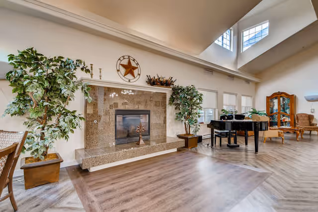 Spacious living room area with a large fireplace surrounded by two potted plants. The room features high ceilings with multiple windows allowing natural light to fill the space. A black grand piano is positioned near the windows, and there is a wooden cabinet and upholstered chairs in the background. The floor has a wood-like finish with a decorative inlay near the fireplace.