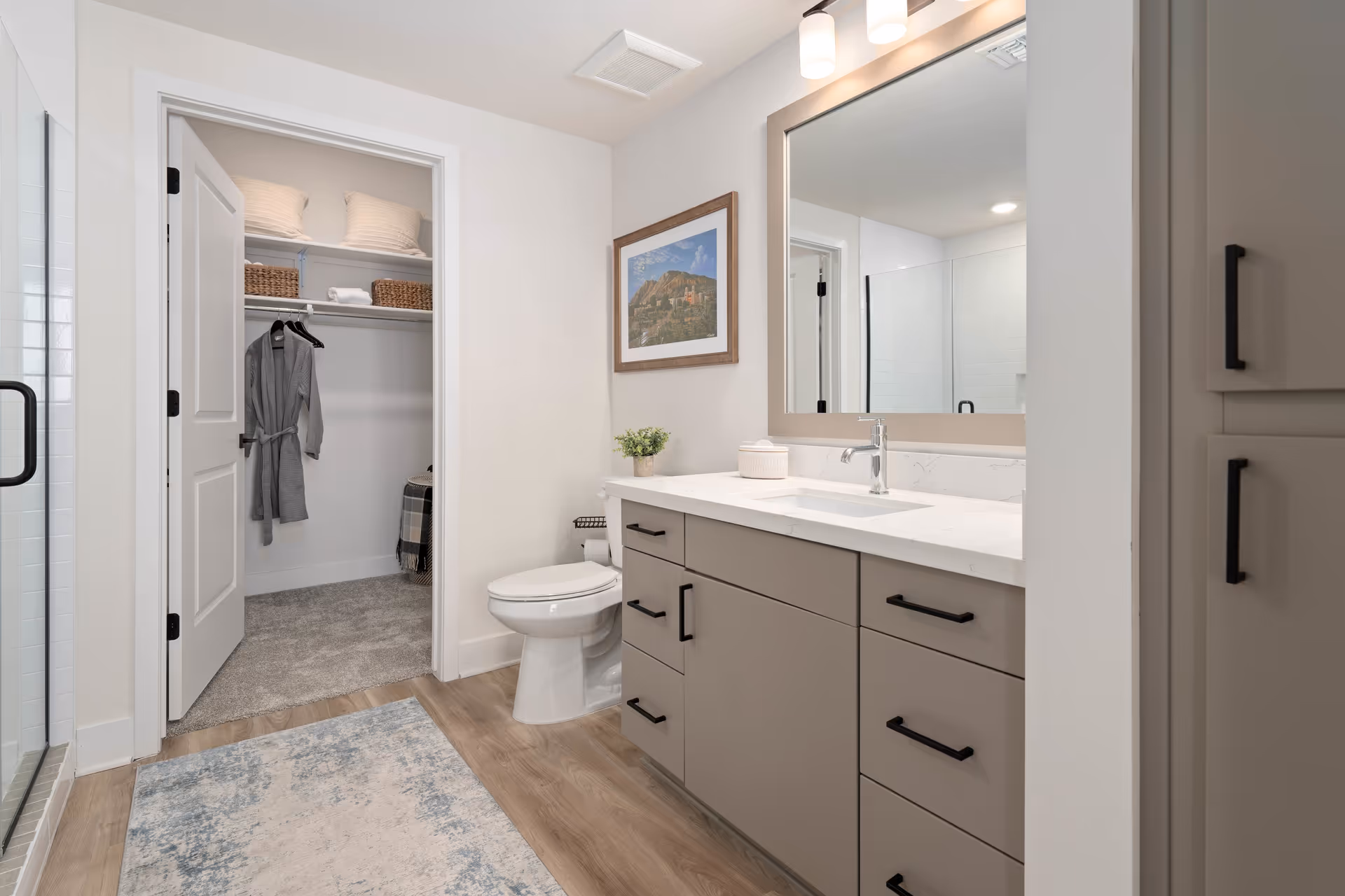 Bright modern bathroom featuring a long vanity with mirror, toilet, glass shower, and an open closet.