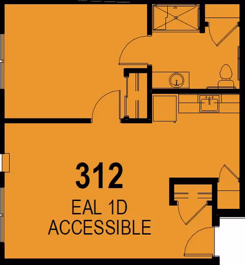 Floor plan layout of unit 312 labeled EAL 1D ACCESSIBLE, showing a bathroom with a shower, sink, and toilet, along with other rooms and doorways.