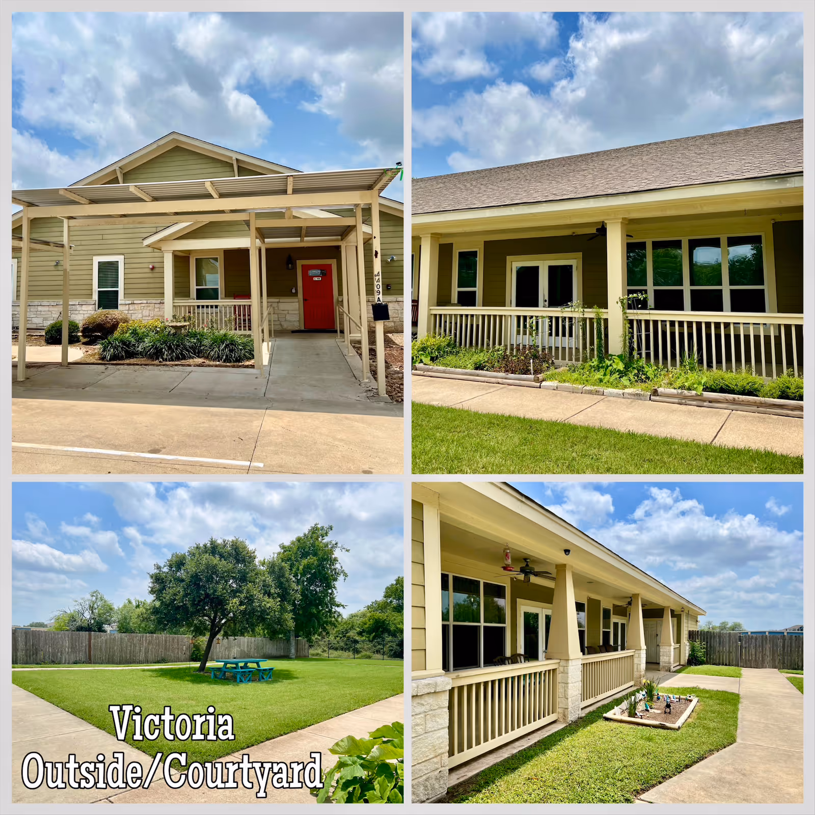A collage of four images showing the exterior and courtyard of Mercy House Victoria. The top left image shows the front entrance with a covered walkway and a red door. The top right image shows a porch area with a railing and multiple windows. The bottom left image shows a grassy courtyard with a tree and a blue picnic table under a partly cloudy sky, with the text 'Victoria Outside/Courtyard' overlaid. The bottom right image shows another view of the porch with columns, a ceiling fan, and a small garden bed along a paved walkway.
