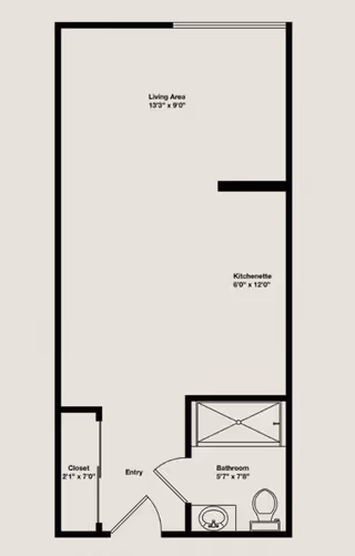 Floor plan of a studio unit showing a living area, kitchenette, bathroom, entry and closet with labeled dimensions.