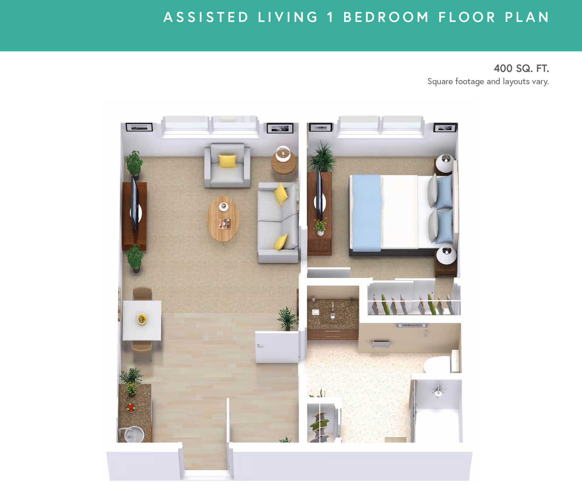 3D floor plan of an assisted living one-bedroom apartment showing a living room with sofa, armchair, coffee table, TV, and dining table; a bedroom with a bed, nightstands, and TV; a kitchen area; a bathroom with a shower; and closet spaces.