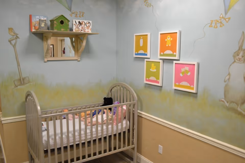 A small nursery room with a gray crib containing a baby doll and a stuffed black bear. The walls are painted with a garden theme including a shovel, bird, and a rabbit. There are four colorful framed pictures on the wall above the crib, and a small shelf with books and a green birdhouse above a mirror.
