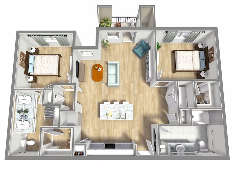 Top-down 3D floor plan of a two-bedroom, two-bath apartment with a central living area, kitchen island, and small balcony.