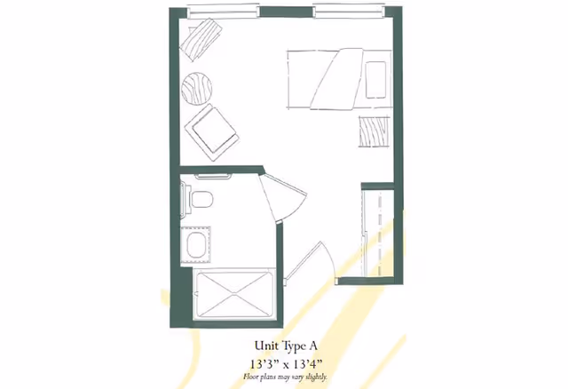 Floor plan of Unit Type A at Meadowmere & Mitchell Manor Oak Creek, showing a room layout with a bed, chair, small table, closet, and an attached bathroom with a toilet, sink, and shower. The unit measures 13 feet 3 inches by 13 feet 4 inches.