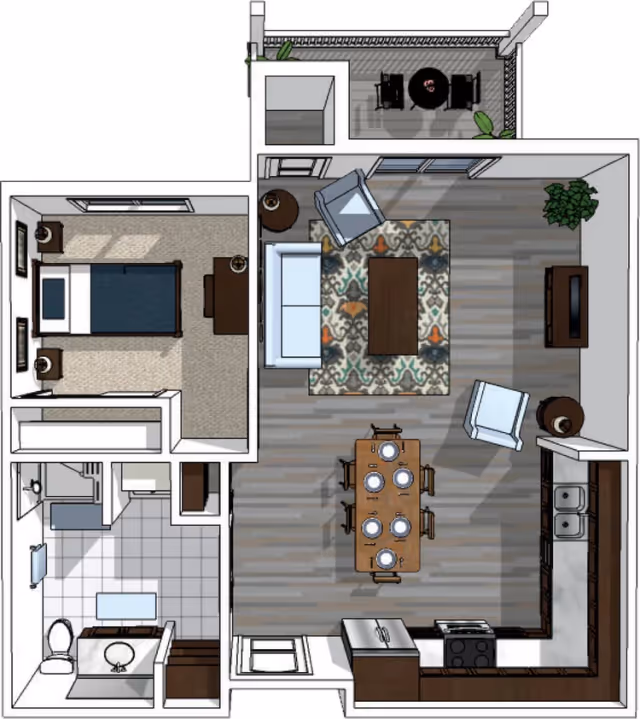 Bird's-eye floor plan of a one-bedroom apartment with an open living, dining and kitchen area, bathroom and a small balcony.