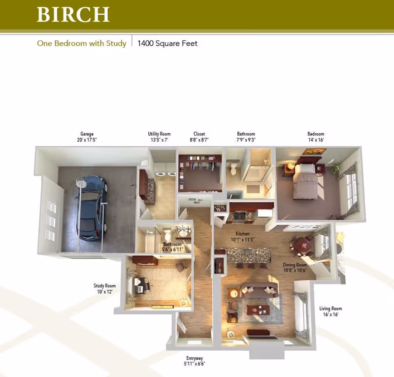 3D floor plan of a one-bedroom apartment with a study named Birch, showing a garage, utility room, two bathrooms, a closet, kitchen, dining room, living room, bedroom, study room, and entryway with dimensions labeled for each area.