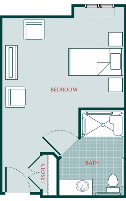 Floor plan of a bedroom and attached bathroom in Ortega Gardens facility. The bedroom includes a bed, two chairs, a dresser, and two nightstands. The bathroom has a shower, sink, and toilet. There is also a closet near the entrance.