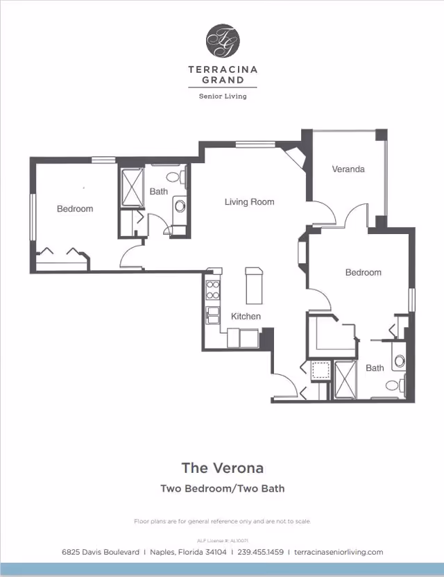 Floor plan of The Verona, a two bedroom, two bath apartment at Terracina Senior Living, showing layout with bedrooms, bathrooms, kitchen, living room, and veranda.
