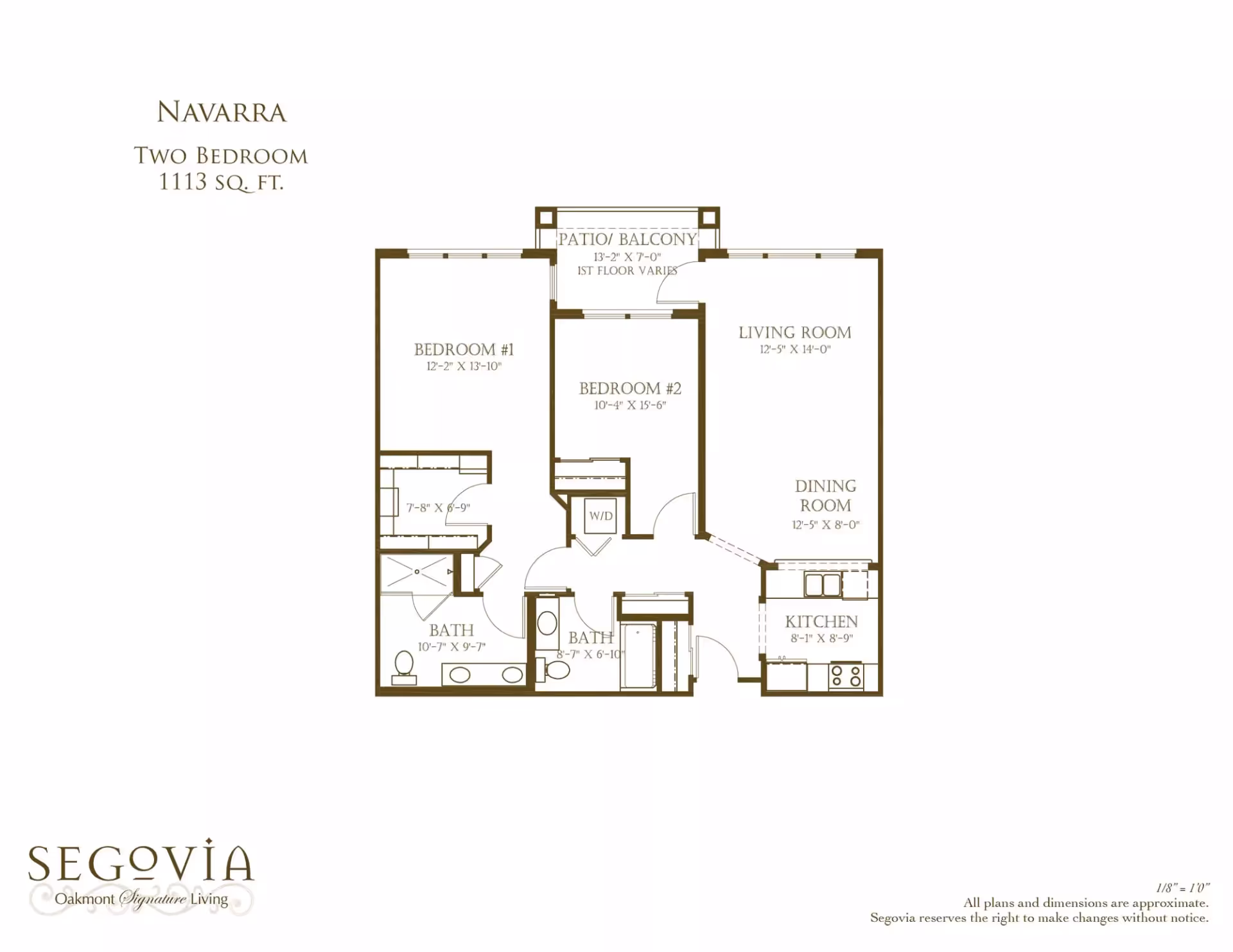 Floor plan of a two-bedroom apartment named Navarra with 1113 square feet. It includes Bedroom #1, Bedroom #2, two bathrooms, a living room, dining room, kitchen, patio/balcony, and a washer/dryer area. Dimensions for each room are provided.