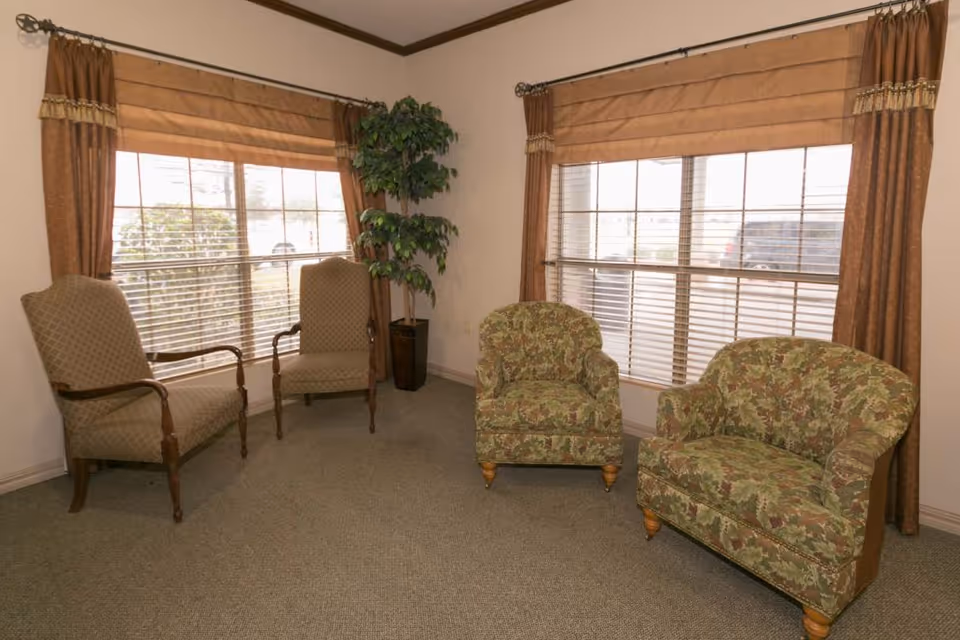 A small sitting area with two patterned armchairs and a matching loveseat in front of two large windows with brown curtains and blinds. Two additional beige armchairs with wooden armrests are positioned near the windows. A tall potted plant is placed in the corner between the windows.