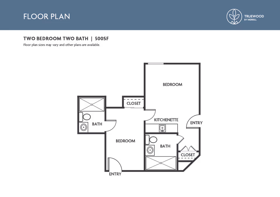 Schematic black floor plan of a two-bedroom, two-bath apartment (500 SF) showing bedrooms, baths, kitchenette, closets and entryways with a Truewood by Merrill logo.