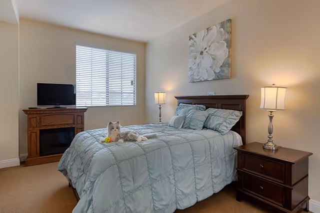 A bedroom with a neatly made bed covered in a light blue comforter and matching pillows. A small white dog is lying on the bed holding a yellow and red toy. There are two bedside tables with lamps on either side of the bed. A wooden TV stand with a small television is positioned near a window with white blinds. A large floral painting hangs above the headboard.