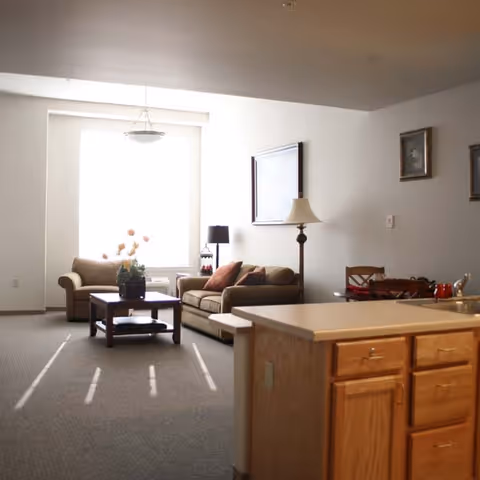 A bright living room area with two beige sofas, a wooden coffee table with a plant on it, a floor lamp, and a side table with a lamp. The room has a large window letting in natural light and a kitchen counter with wooden cabinets in the foreground.