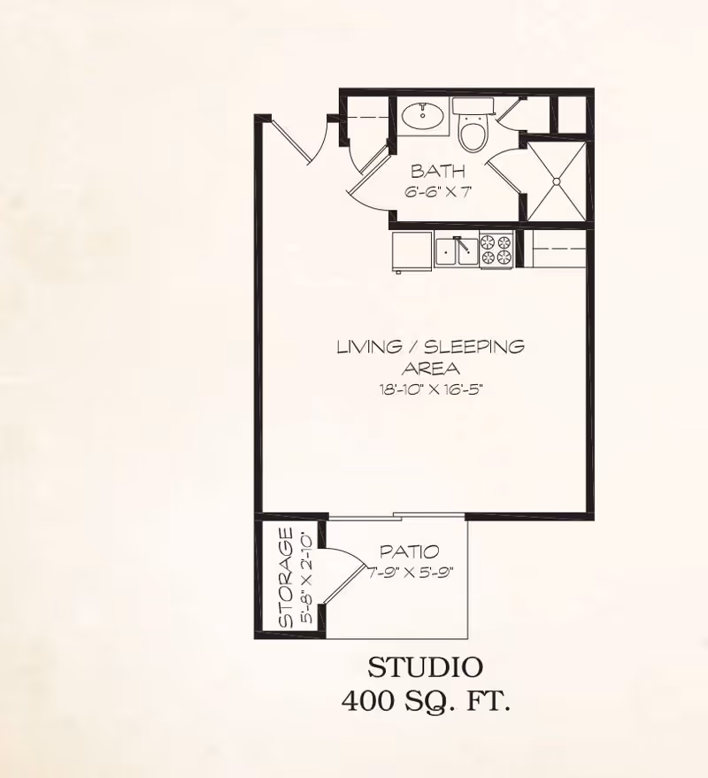 Floor plan of a 400 square foot studio apartment at The Clairmont Retirement Community, showing a living/sleeping area, a bathroom, a kitchen area, a patio, and a storage space.