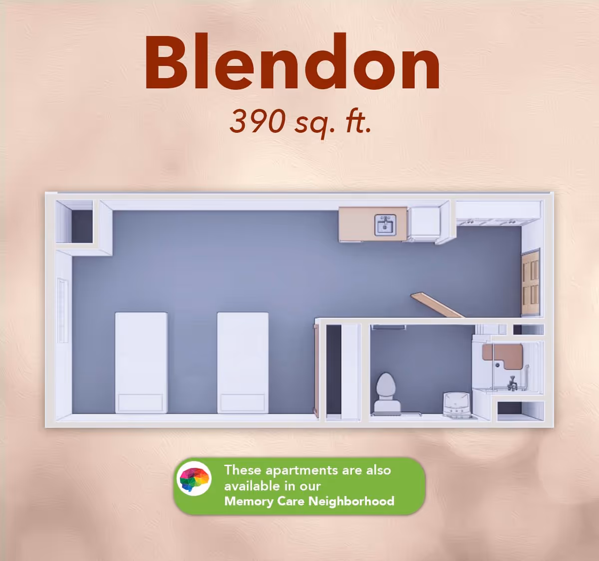 Floor plan of the Blendon apartment layout showing a 390 square feet space with two beds, a kitchenette, and a bathroom including a toilet and shower.