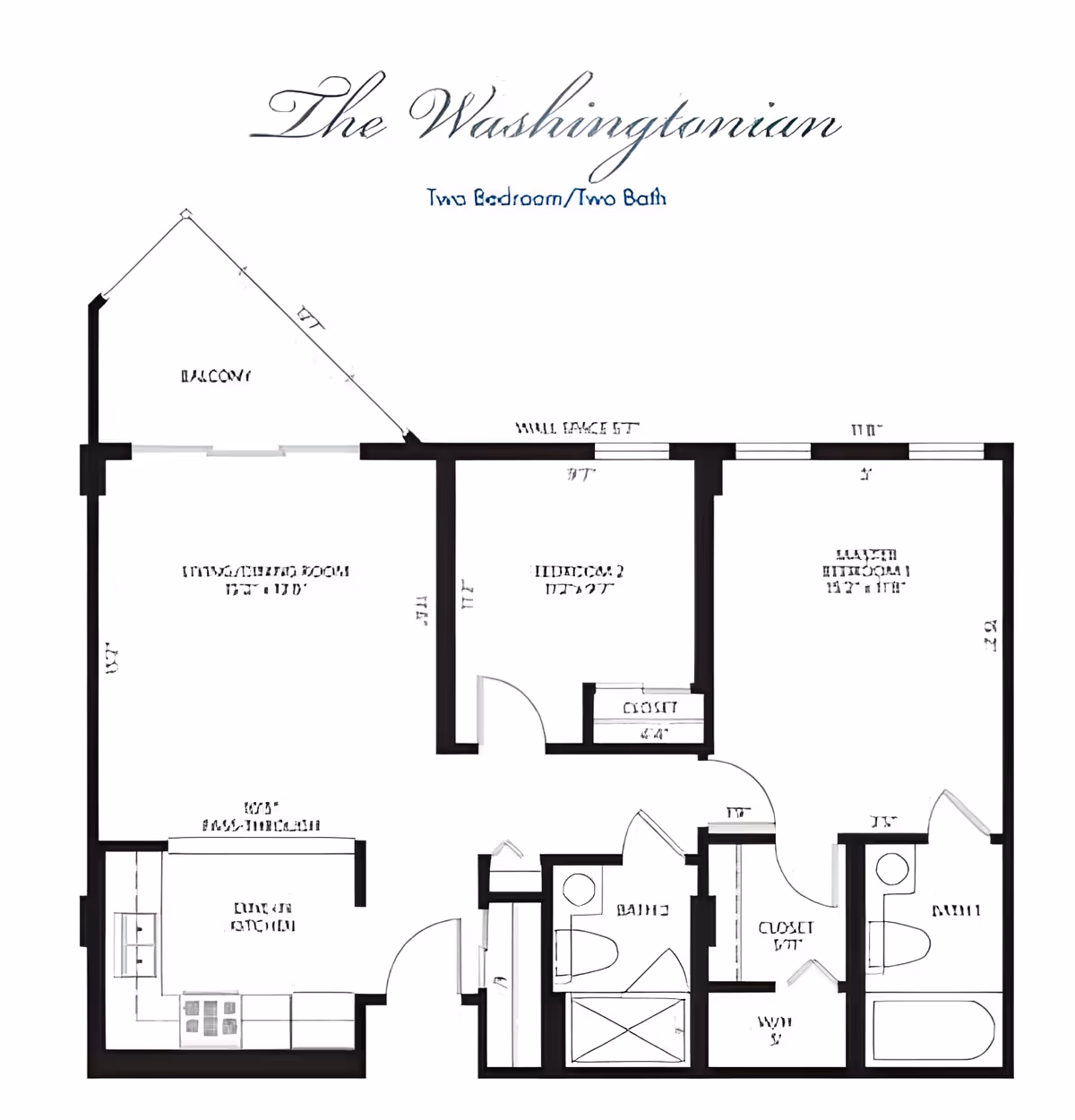 Floor plan titled 'The Washingtonian' showing a two bedroom, two bath apartment layout with a balcony, living/dining room, kitchen, two bedrooms, two bathrooms, and closets.