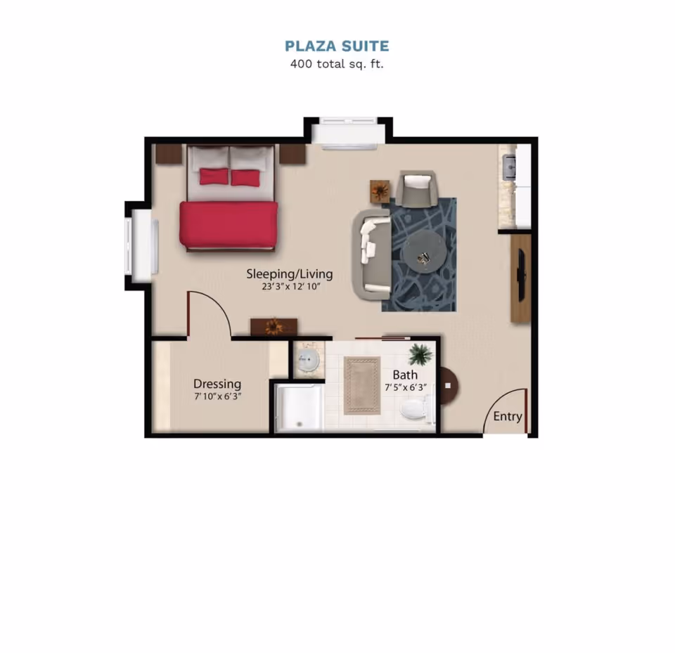 Floor plan labeled "Plaza Suite" showing a 400 sq. ft. studio layout with sleeping/living area, dressing room, bathroom, kitchenette, and entry.