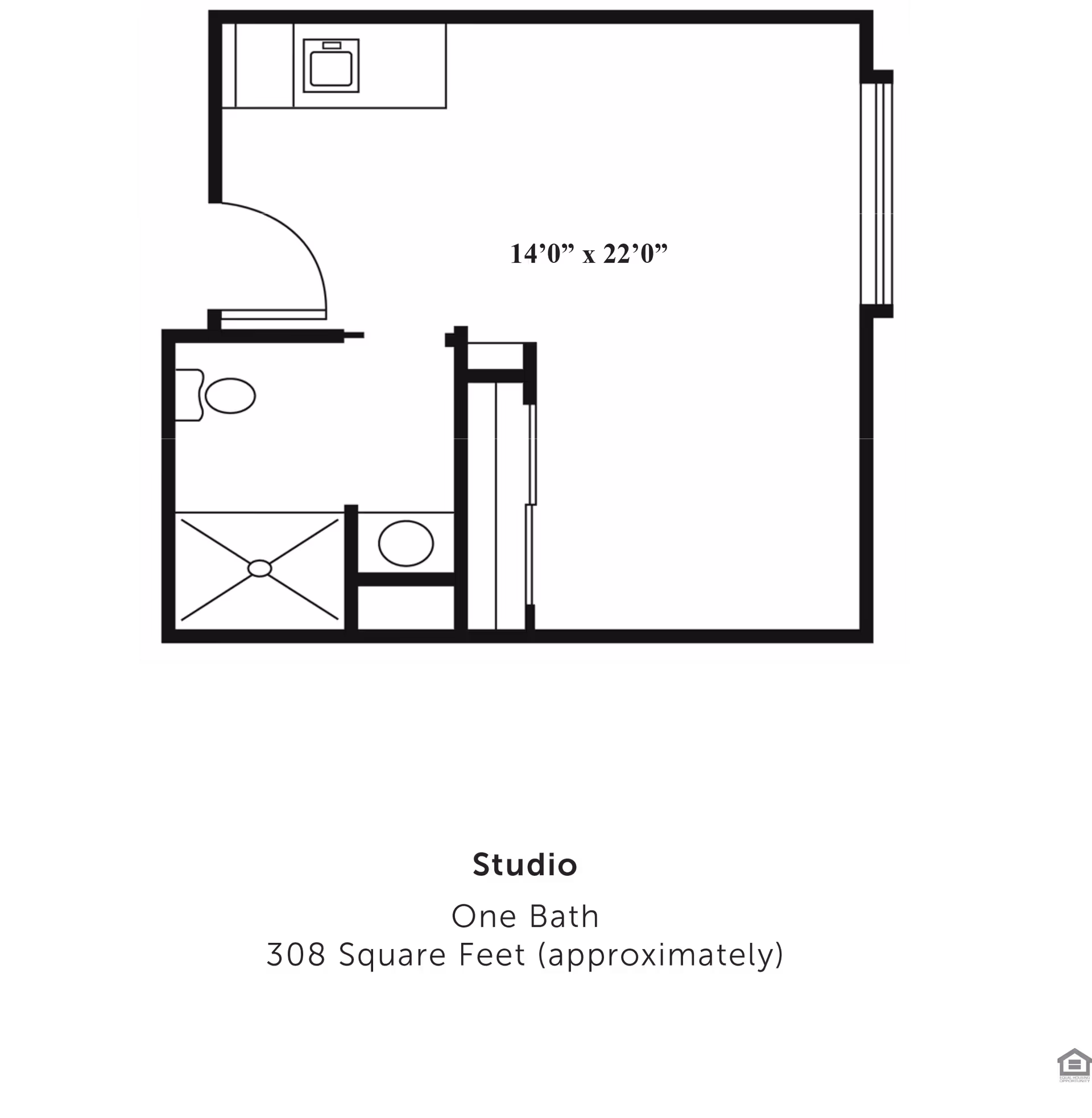 Floor plan of a studio apartment at Mercer Terrace showing one bathroom, a kitchenette, and a main living area measuring 14 feet by 22 feet, totaling approximately 308 square feet.