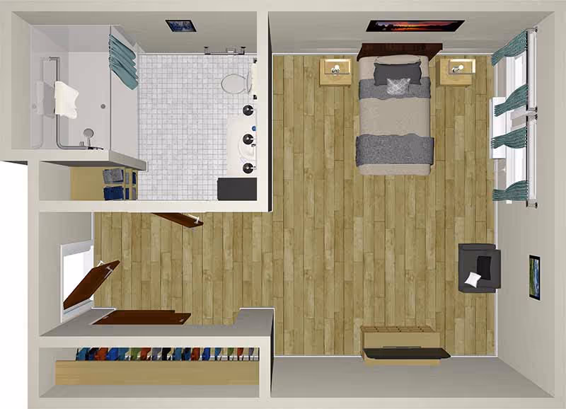 Top-down view of a senior living facility room layout showing a bedroom with a bed, two nightstands, a chair, a dresser, and windows with curtains. Adjacent to the bedroom is a bathroom with a shower, toilet, double sink vanity, and a small closet area with shelves.