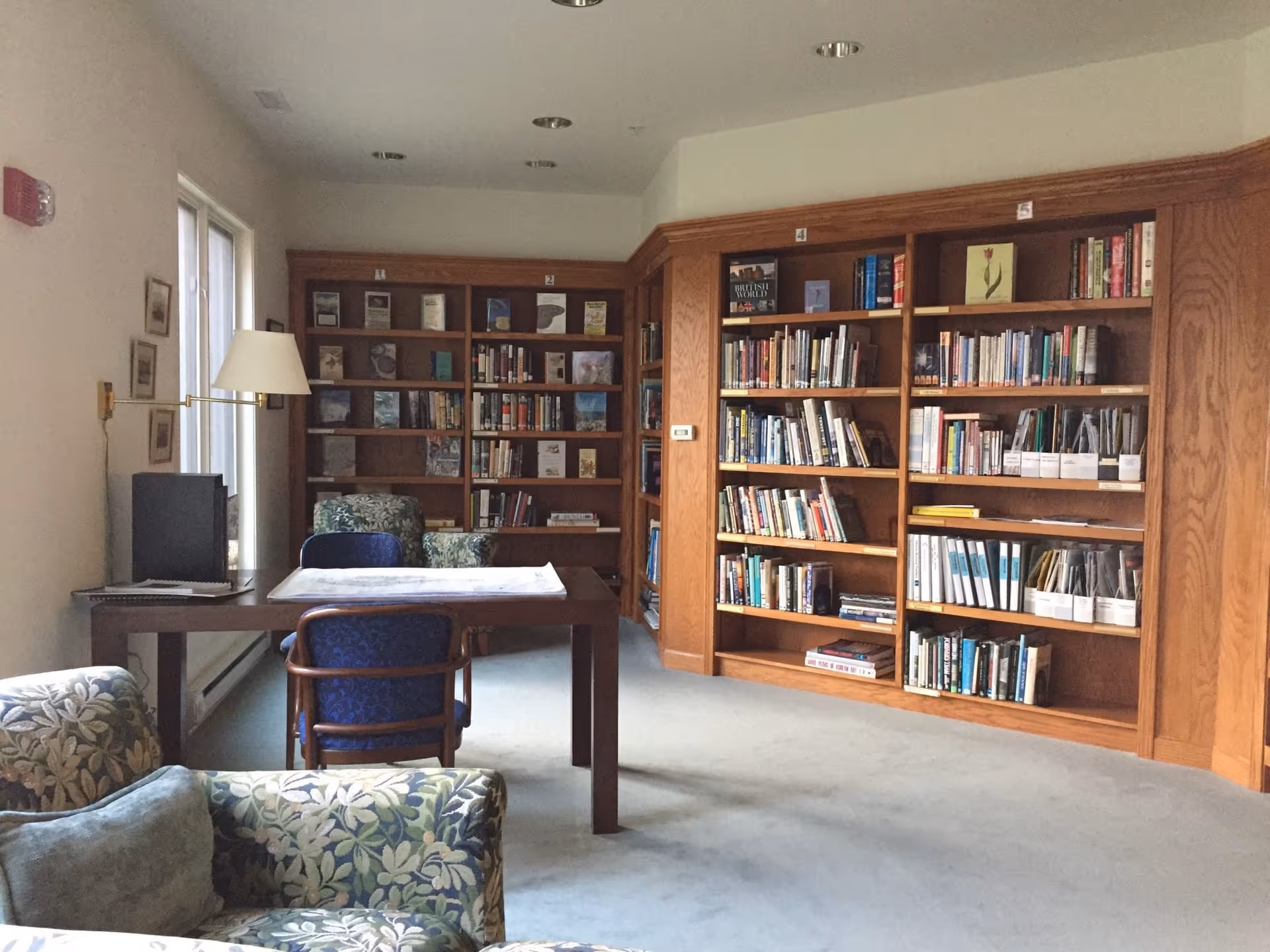 A quiet library room with wooden bookshelves filled with books along the walls. There is a wooden table with a blue cushioned chair and a floral armchair nearby. A floor lamp is attached to the wall next to a window letting in natural light.