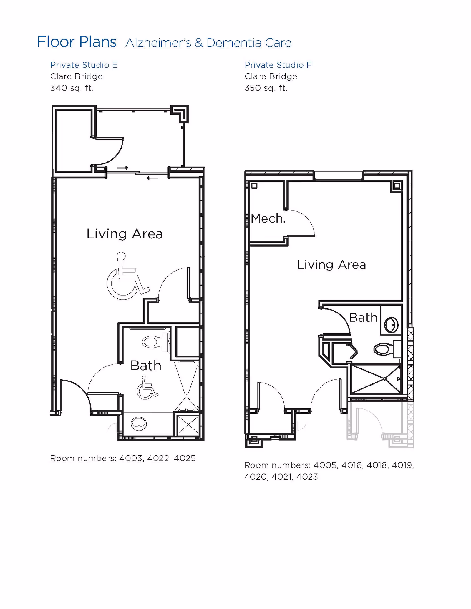 Floor plans for Alzheimer's and Dementia Care private studios E and F at Brookdale Skyline, showing layout of living areas and bathrooms with room numbers listed below each plan.