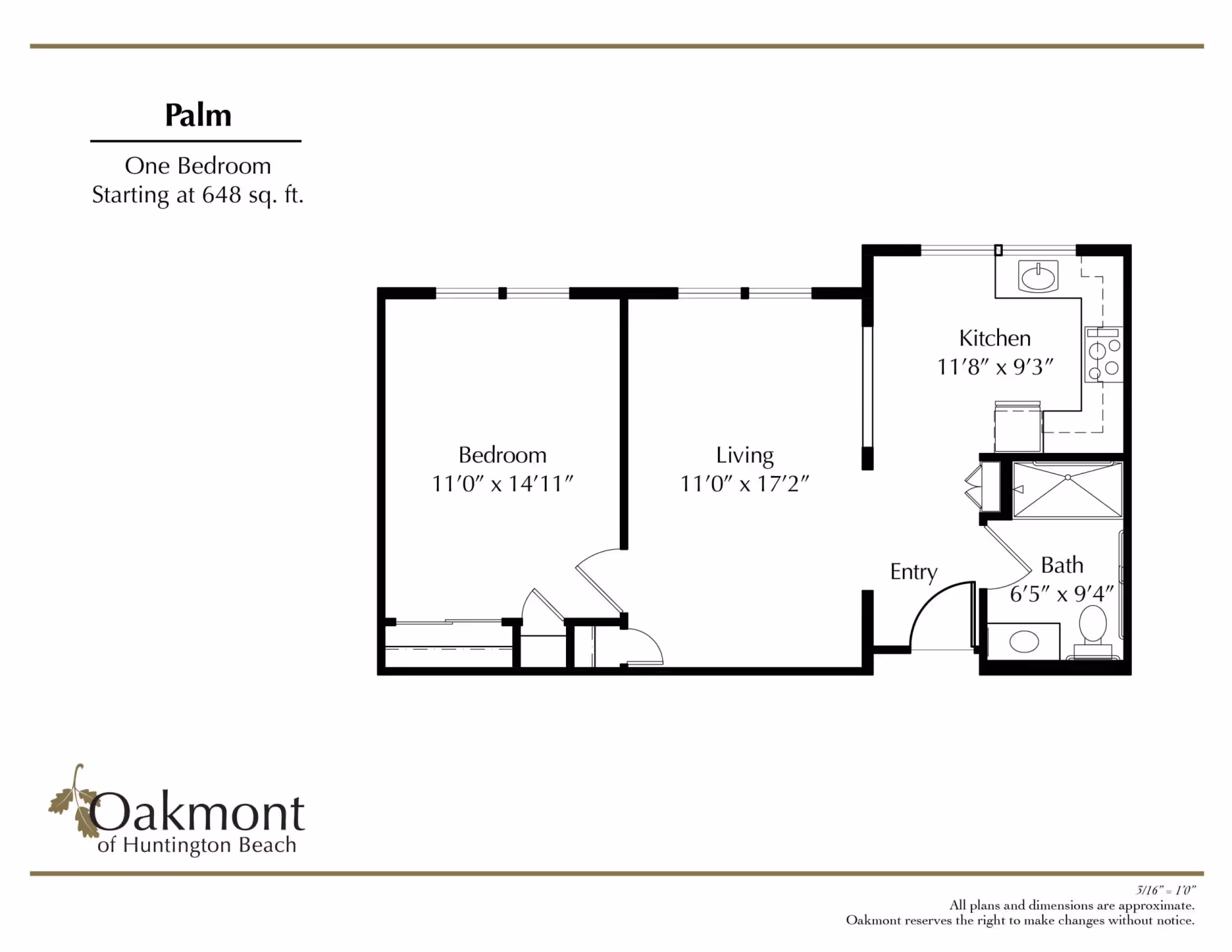 Black-and-white floor plan titled "Palm" showing a one-bedroom apartment with labeled bedroom, living room, kitchen, bath, and entry.