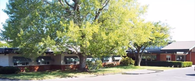 Exterior view of a single-story brick and siding building with large green trees and a well-maintained lawn in front, under a clear sky.