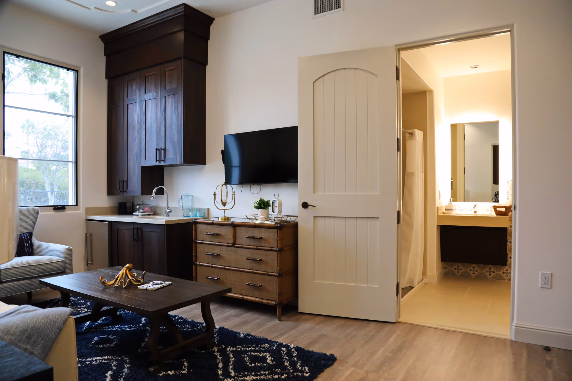 A cozy living room area with a dark wooden coffee table on a blue patterned rug, a light gray armchair near a window, dark wooden cabinets with a small sink, a flat-screen TV mounted on the wall above a wicker dresser, and an open door leading to a bathroom with a shower and illuminated mirror.