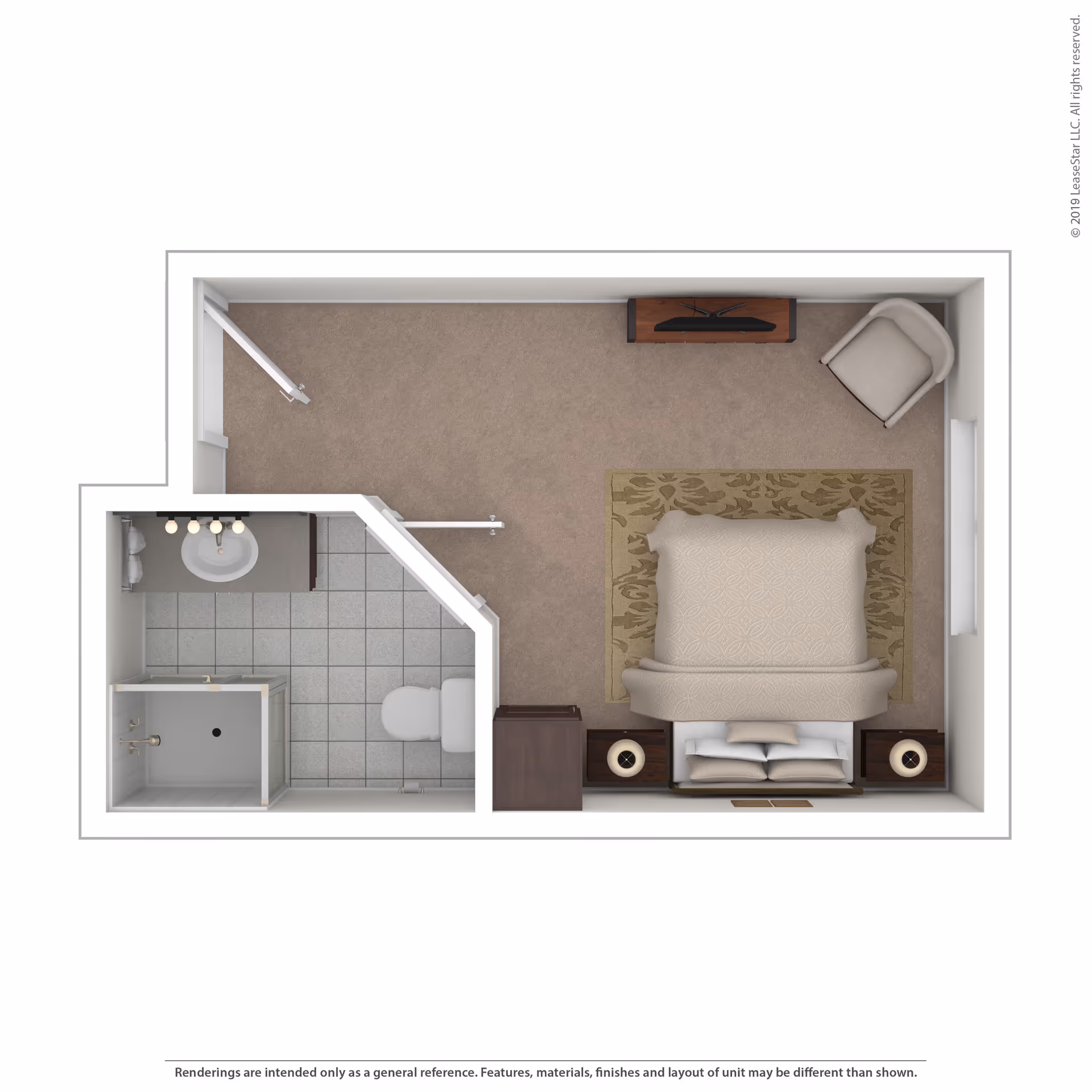 Top-down floor plan of a small studio showing a bed with nightstands, a TV stand and chair, and an adjacent bathroom with shower, toilet, and sink.