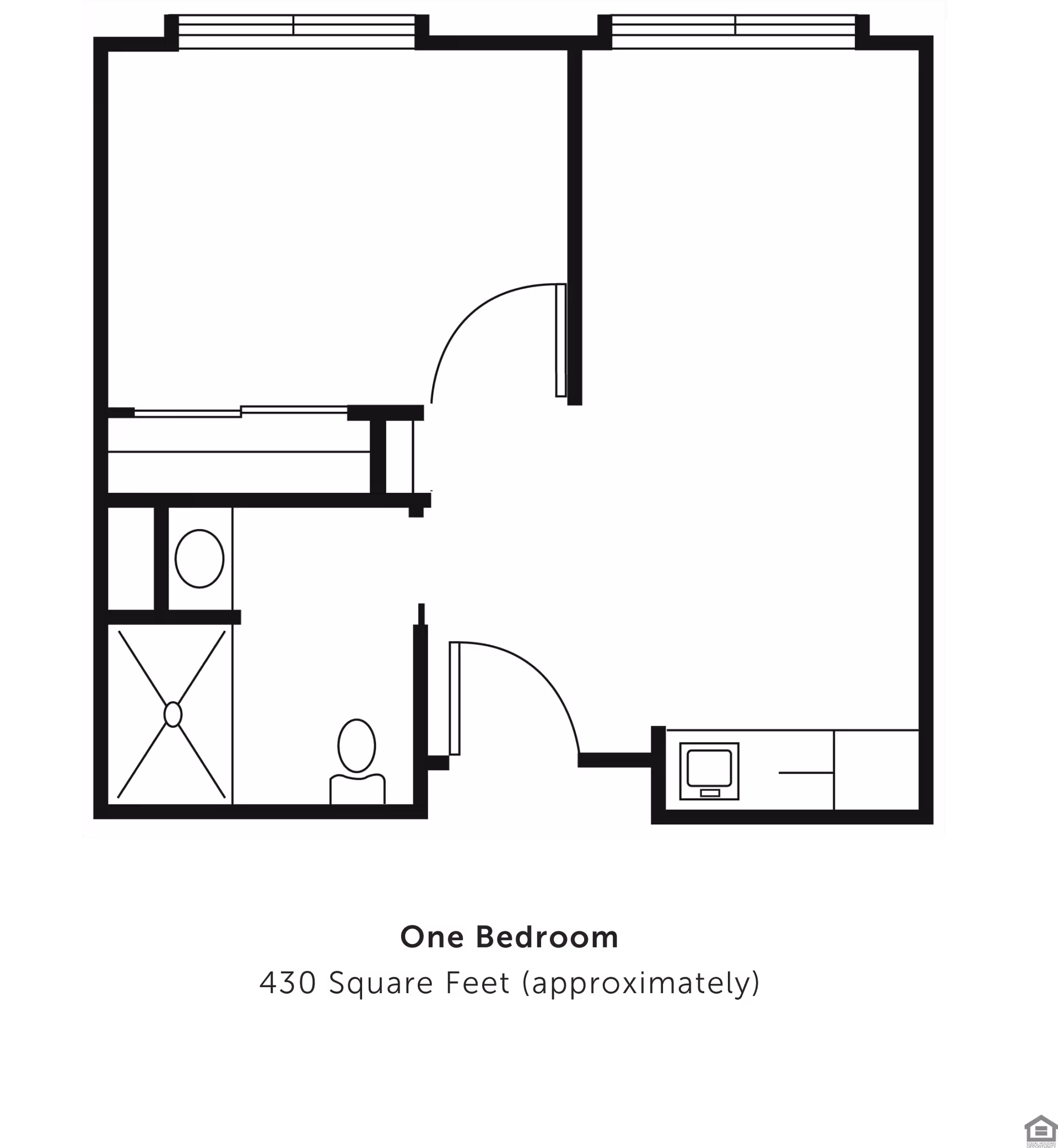 Floor plan layout of a one-bedroom apartment approximately 430 square feet, showing a bedroom, bathroom with shower and toilet, and a living area with a kitchenette.