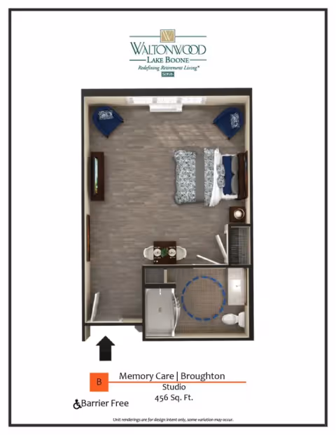 Top-down floor plan rendering of a Waltonwood Lake Boone memory-care studio apartment showing a combined living/sleeping area with bed, seating, a small dining table, closet and an accessible bathroom.