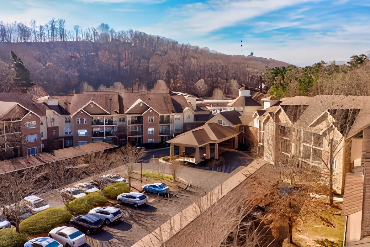 Aerial view of The Haven at Regency Pointe facility showing multiple connected buildings with pitched roofs, a covered entrance, a parking lot with several cars, and surrounding trees and hills under a partly cloudy sky.